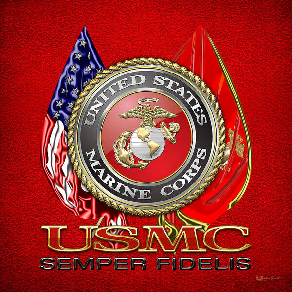 'military Insignia & Heraldry 3d' Collection By Serge Averbukh Poster featuring the digital art U. S. Marine Corps U S M C Emblem on Red by Serge Averbukh