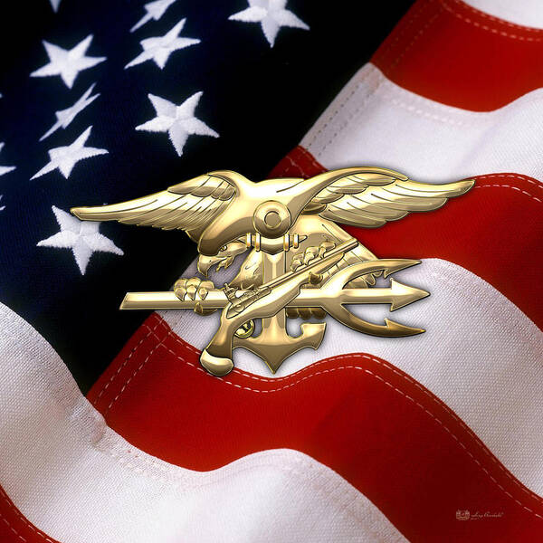 'military Insignia & Heraldry 3d' Collection By Serge Averbukh Poster featuring the digital art U. S. Navy S E A Ls Emblem over American Flag by Serge Averbukh
