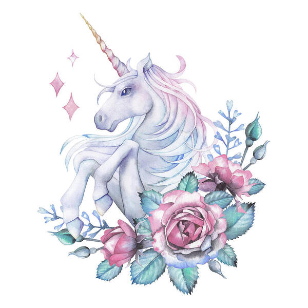 Horse Poster featuring the digital art Watercolor Design With Unicorn And Rose by Homunkulus28