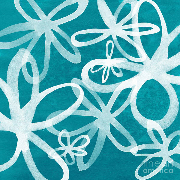 Large Abstract Floral Painting Poster featuring the painting Waterflowers- teal and white by Linda Woods