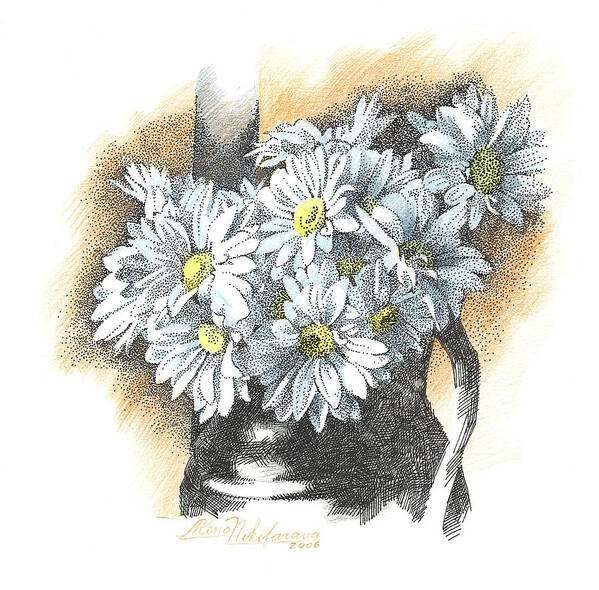  Poster featuring the mixed media White flowers pointillism drawing by Alena Nikifarava