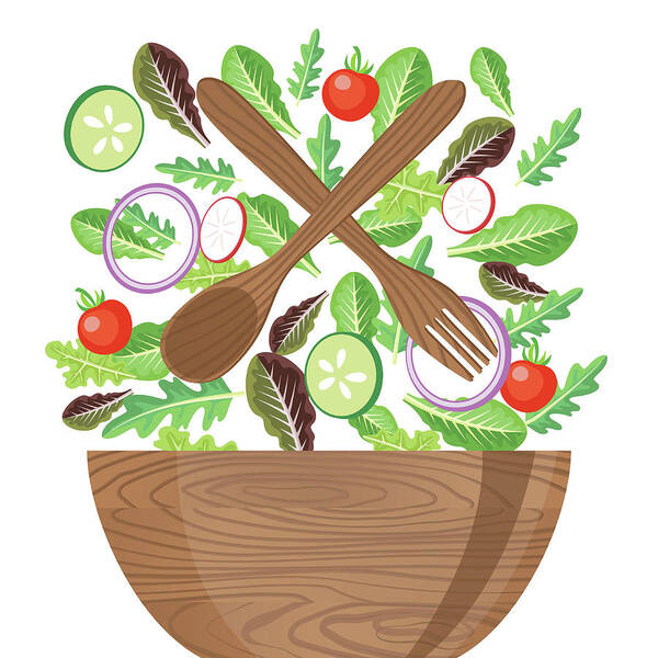 Leaf Vegetable Poster featuring the digital art Wood Bowl Of Salad With Flying by Diane Labombarbe