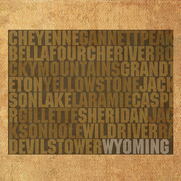 Wyoming Word Art State Map On Canvas Cheyenne Sheridan Rocky Mountains Laramie Yellowstone Grand Teton Poster featuring the mixed media Wyoming Word Art State Map on Canvas by Design Turnpike