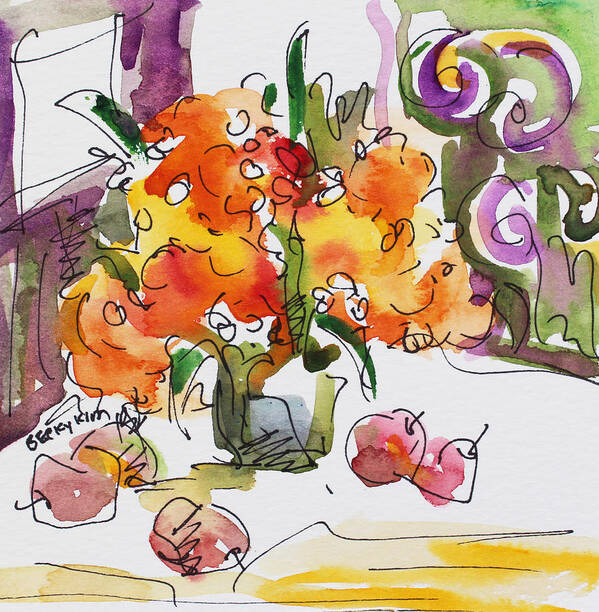 Flowers Poster featuring the painting Yellow Flowers and Apples by Becky Kim
