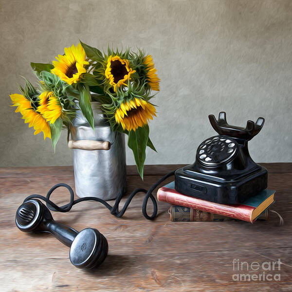 Sunflower Poster featuring the photograph Sunflowers and Phone #1 by Nailia Schwarz