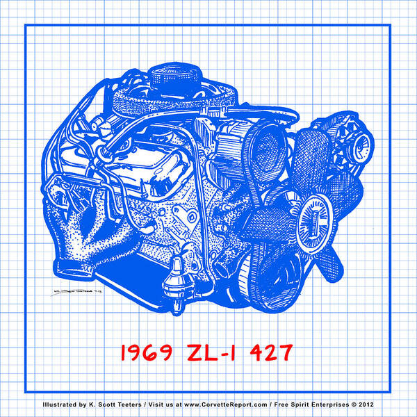 1969 Corvette Poster featuring the drawing 1969 427 ZL-1 Corvette Racing Engine Blueprint by K Scott Teeters