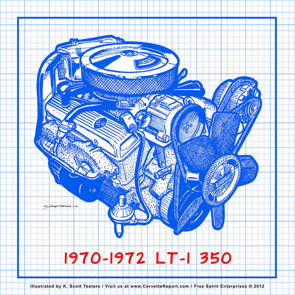 C3 Corvette Poster featuring the drawing 1970 - 1972 LT-1 Corvette Engine Blueprint by K Scott Teeters
