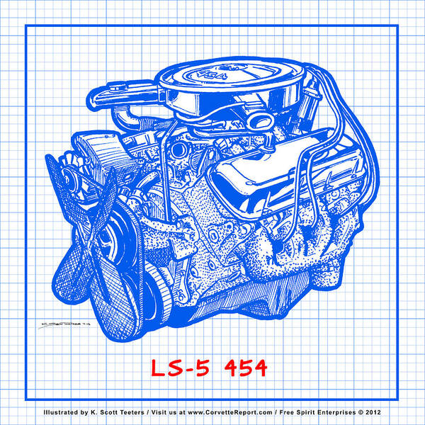 1970 Corvette Poster featuring the drawing 1970 LS5 454 Big-Block Corvette Engine Blueprint by K Scott Teeters