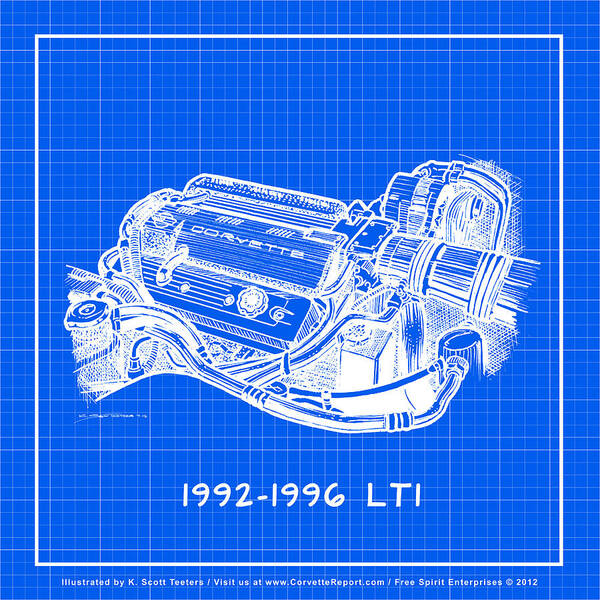 Corvette Poster featuring the drawing 1992-1996 LT1 Corvette Engine Reverse Blueprint by K Scott Teeters