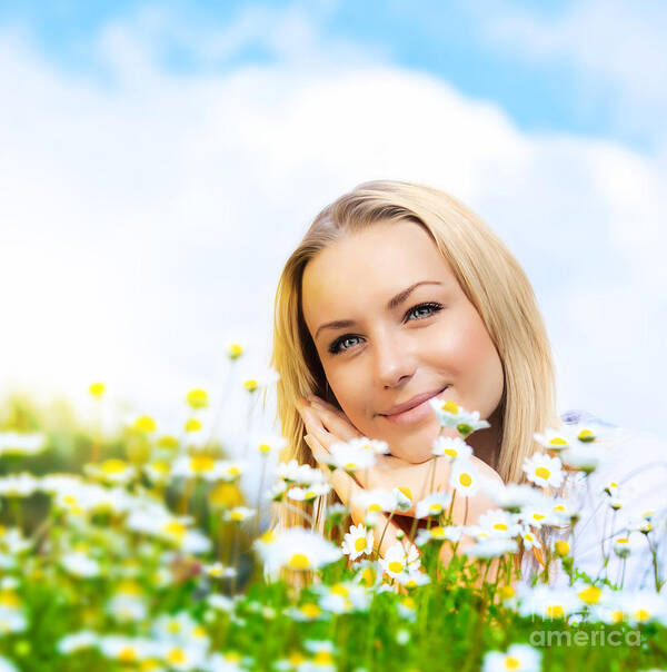 Active Poster featuring the photograph Beautiful woman enjoying daisy field and blue sky by Anna Om