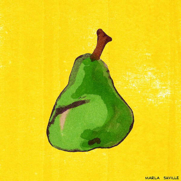 Pear Art Poster featuring the painting Green Pear on Yellow by Marla Saville