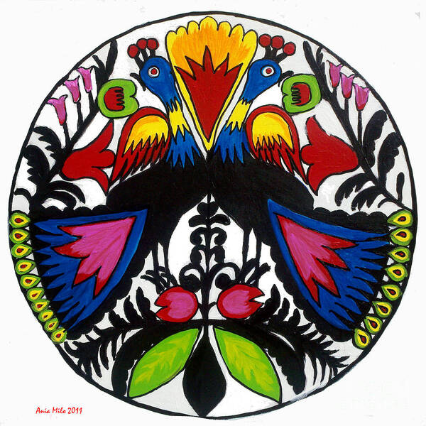 Polish Folk Art Poster featuring the painting Peacock Tree Polish Folk Art by Ania M Milo