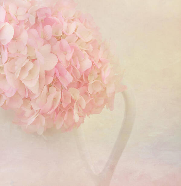 Hydrangea Poster featuring the photograph Pink Hydrangea Flowers in White Vase by Kim Hojnacki