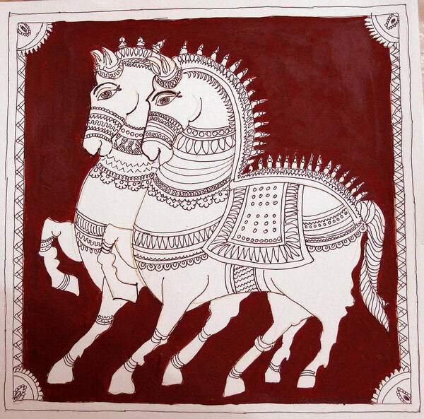 Horses Kalamkari Style Poster featuring the painting Two horses by Asha Sudhaker Shenoy