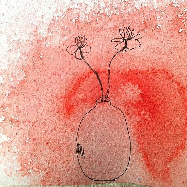  Poster featuring the photograph Vase & Blossoms - Pen On Watercolour by Ellie B