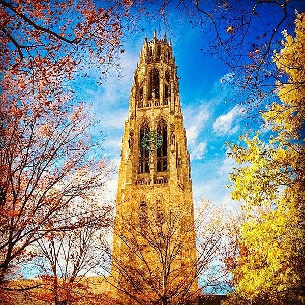 Blue Poster featuring the photograph #yale #harknesstower #fall #autumn by Stephen Whitaker