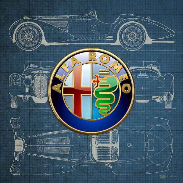 �wheels Of Fortune� By Serge Averbukh Poster featuring the photograph Alfa Romeo 3 D Badge over 1938 Alfa Romeo 8 C 2900 B Vintage Blueprint #1 by Serge Averbukh