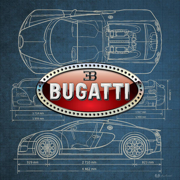 �wheels Of Fortune� By Serge Averbukh Poster featuring the photograph Bugatti 3 D Badge over Bugatti Veyron Grand Sport Blueprint by Serge Averbukh