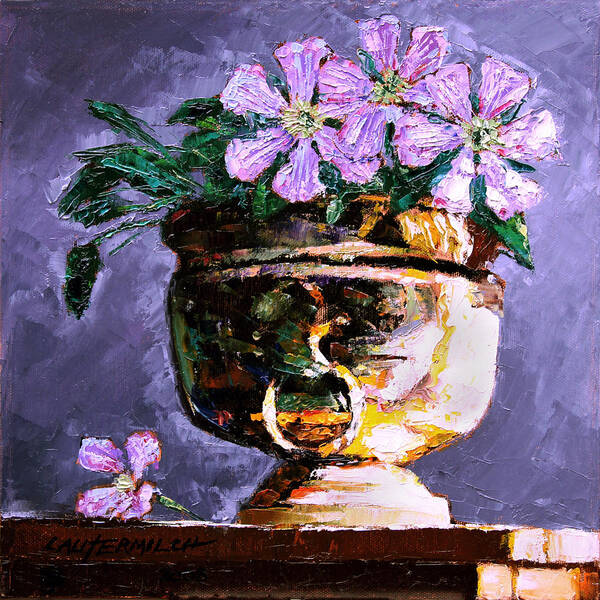 Flowers Poster featuring the painting Golden Flower Pot #1 by John Lautermilch