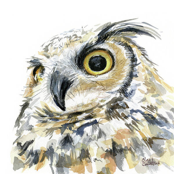 Owl Poster featuring the painting Great Horned Owl Watercolor #2 by Olga Shvartsur