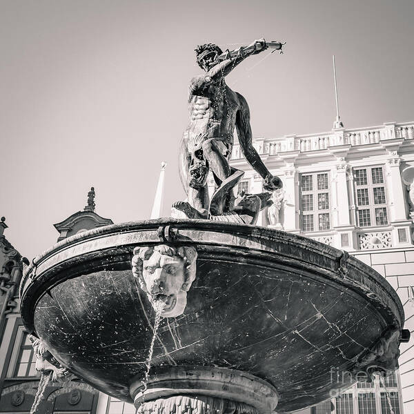 City Poster featuring the photograph Neptune's fountain, Gdansk BW #1 by Mariusz Talarek