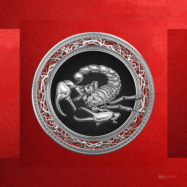 treasure Trove  By Serge Averbukh Poster featuring the photograph Treasure Trove - Sacred Silver Scorpion on Red #1 by Serge Averbukh