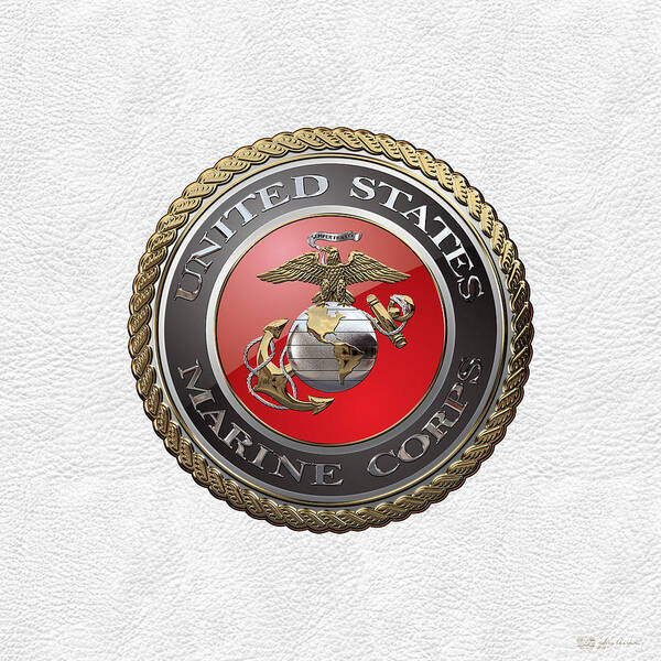 'usmc' Collection By Serge Averbukh Poster featuring the digital art U. S. Marine Corps - U S M C Emblem over White Leather by Serge Averbukh