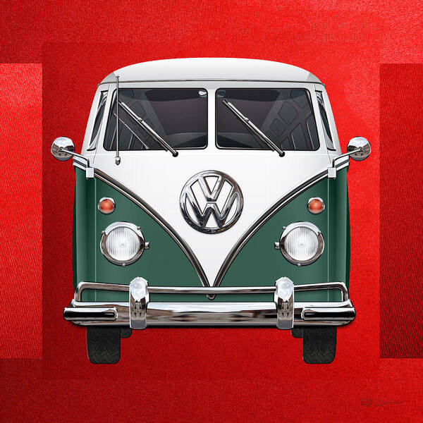 'volkswagen Type 2' Collection By Serge Averbukh Poster featuring the photograph Volkswagen Type 2 - Green and White Volkswagen T 1 Samba Bus over Red Canvas #1 by Serge Averbukh
