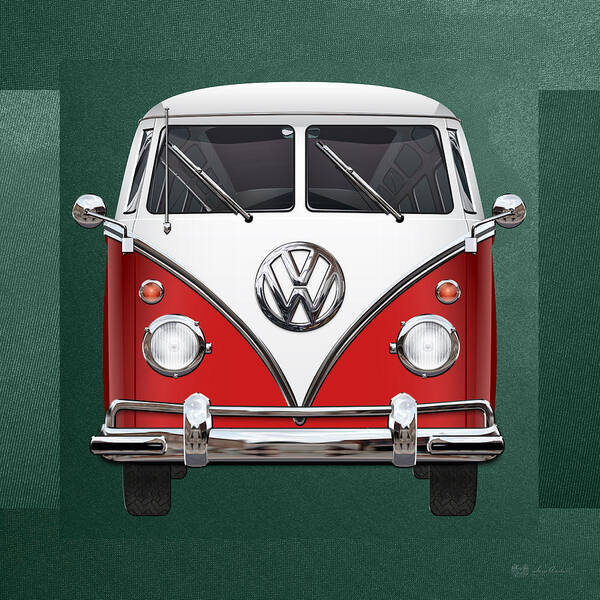 'volkswagen Type 2' Collection By Serge Averbukh Poster featuring the photograph Volkswagen Type 2 - Red and White Volkswagen T 1 Samba Bus over Green Canvas by Serge Averbukh