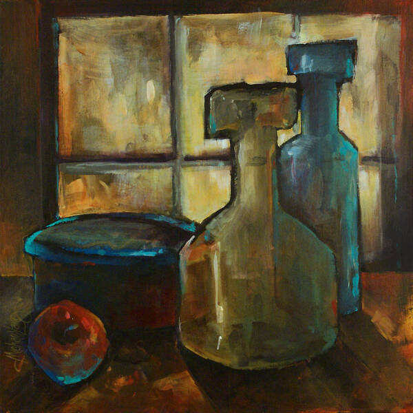 Still Life Fruit Apples Jars Bottles Dusk Lighting Mood Poster featuring the painting Waiting by Michael Lang