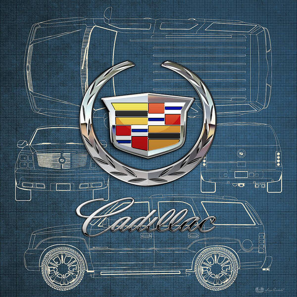 'wheels Of Fortune' By Serge Averbukh Poster featuring the photograph Cadillac 3 D Badge over Cadillac Escalade Blueprint by Serge Averbukh
