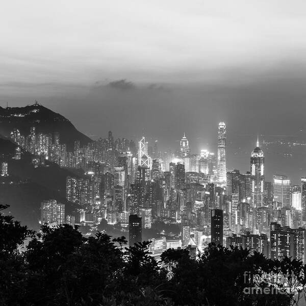 B&w Poster featuring the photograph Hong Kong skyline #3 by Didier Marti