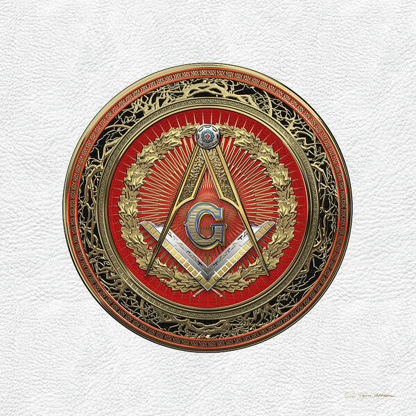 Ancient Brotherhoods Collection By Serge Averbukh Poster featuring the digital art 3rd Degree Mason Gold Jewel - Master Mason Square and Compasses over White Leather by Serge Averbukh