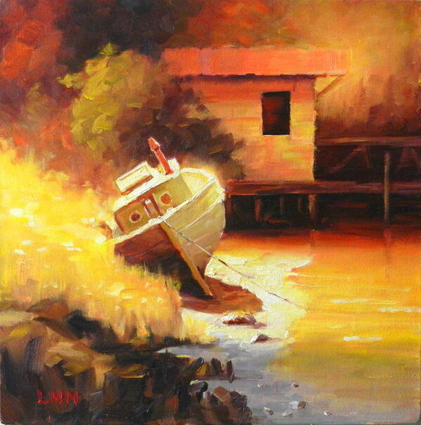 Landscape Poster featuring the painting A Boat in a Sunny Day by Ningning Li