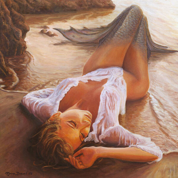 Mermaid Poster featuring the painting A mermaid in the sunset by Marco Busoni