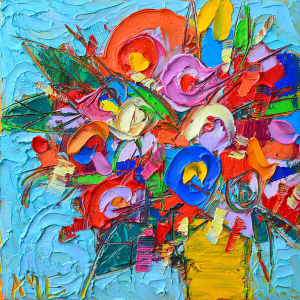 Abstract Poster featuring the painting Abstract Flowers Floral Miniature Modern Impressionist Palette Knife Oil Painting Ana Maria Edulescu by Ana Maria Edulescu