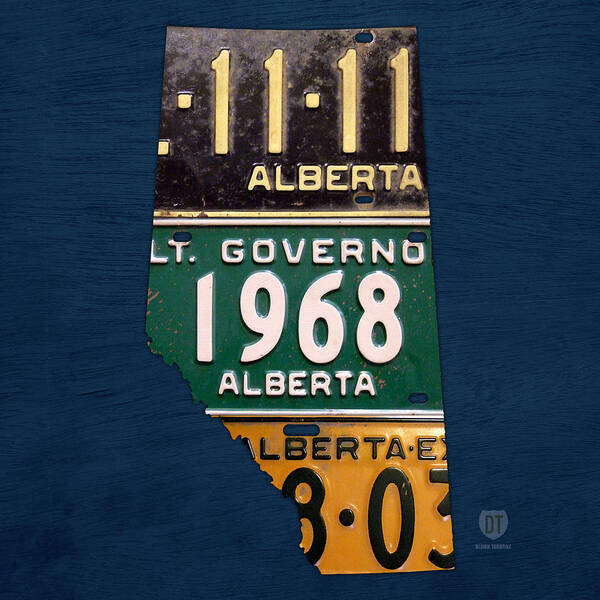 Alberta Poster featuring the mixed media Alberta Canada Province Map Made from Recycled Vintage License Plates by Design Turnpike