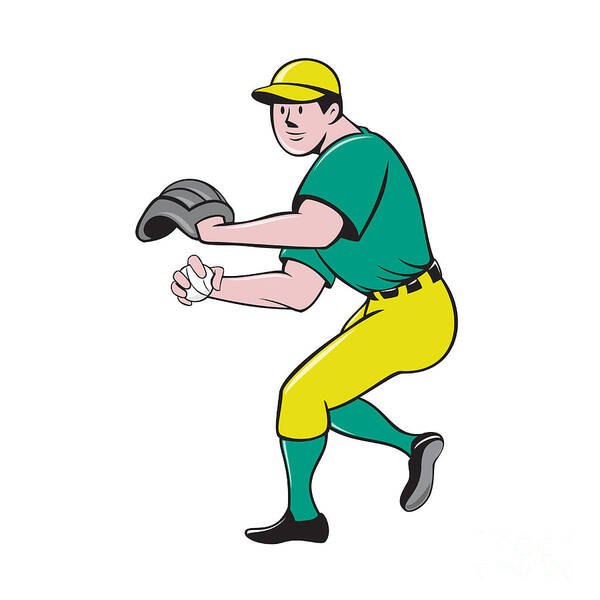 American Baseball Poster featuring the digital art American Baseball Player OutFielder Throwing Ball Cartoon by Aloysius Patrimonio