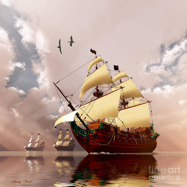 Galleon Poster featuring the painting Ancient Ships by Corey Ford