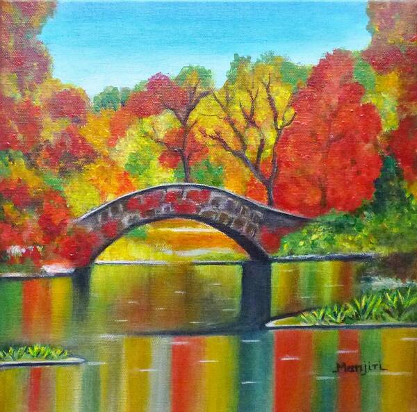 Autumncolors Landscapepainting Fallcolors Orangetree Bridge Flowers Reflection Water Calm Newyork Yellow Blue Lake Colorful Holidayart Giftart Grass Green Poster featuring the painting Autumn Landscape -Colors of Fall by Manjiri Kanvinde