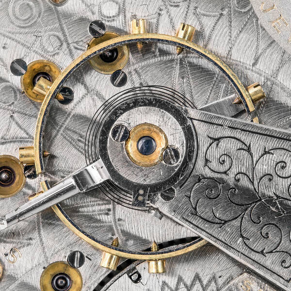 Watch Poster featuring the photograph Balance wheel of an antique pocketwatch by Jim Hughes