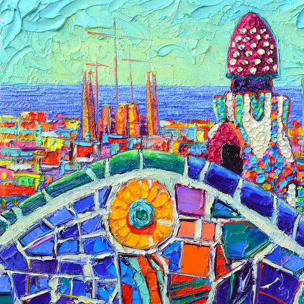 Barcelona Poster featuring the painting BARCELONA SAGRADA FAMILIA FROM PARK GUELL impasto textural impressionist palette knife oil painting by Ana Maria Edulescu