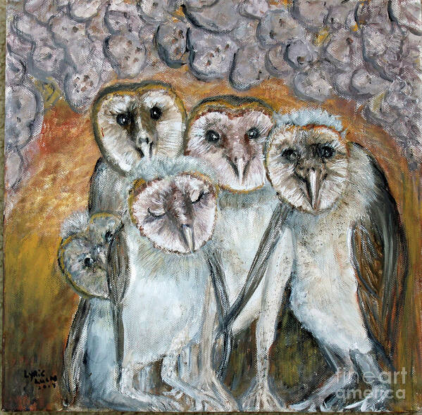 Animals Poster featuring the painting Barn Owl Chicks In Cave by Lyric Lucas