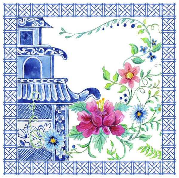 Chinese Poster featuring the painting Blue Asian Influence 10 Vintage Style Chinoiserie Floral Pagoda w Chinese Chippendale Border by Audrey Jeanne Roberts