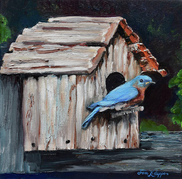 Blue Bird House Poster featuring the painting Blue Bird on Lake Odom by Jan Dappen