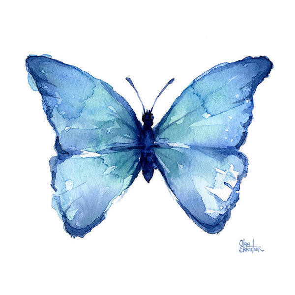 Watercolor Poster featuring the painting Blue Butterfly Watercolor by Olga Shvartsur