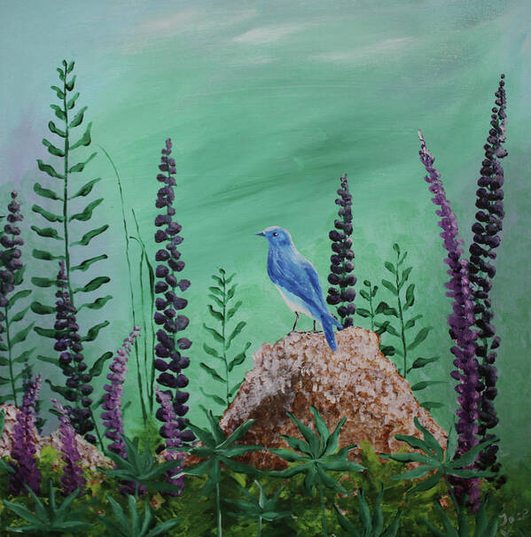 Acrylic Poster featuring the painting Blue chickadee standing on a rock 2 by Martin Valeriano