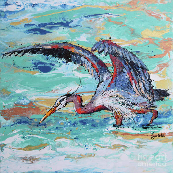 Great Blue Heron Poster featuring the painting Blue Heron Hunting by Jyotika Shroff