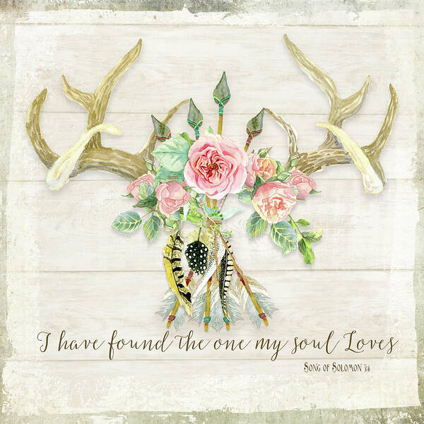 Watercolor Poster featuring the painting BOHO Love - Deer Antlers Floral Inspirational by Audrey Jeanne Roberts