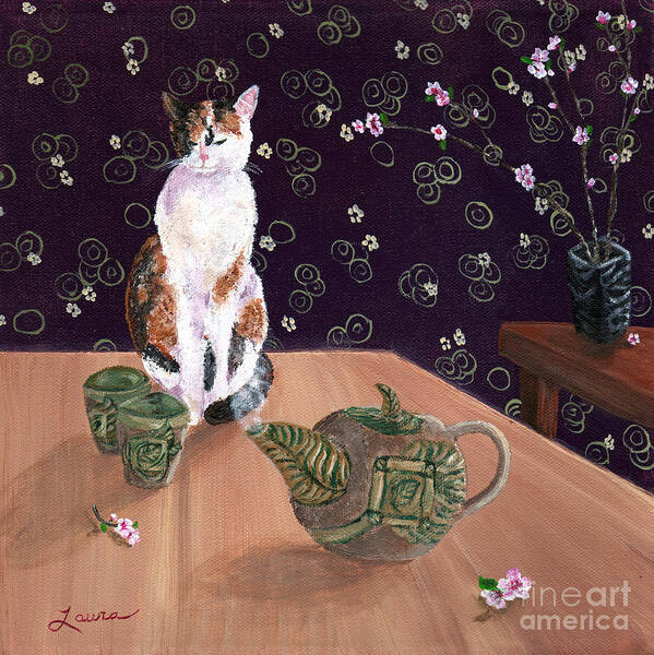 Zen Poster featuring the painting Calico Tea Meditation by Laura Iverson
